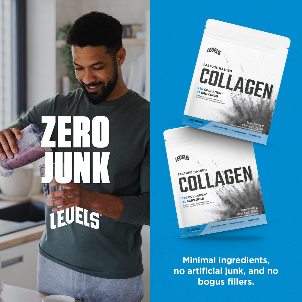 Measured scoop of Levels Collagen Unflavored powder ready to pour into a drink.