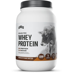 Levels Grass Fed Whey Chocolate Peanut Butter bottle showing 24g protein per scoop.