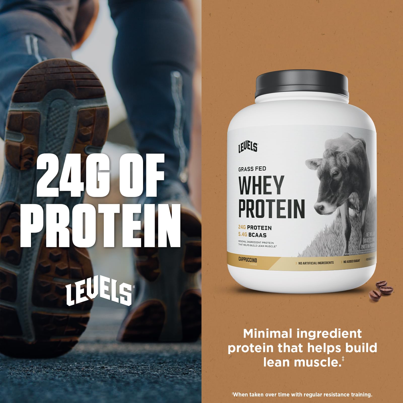 Hot cappuccino-style Levels whey shake poured into a mug for taste and energy.