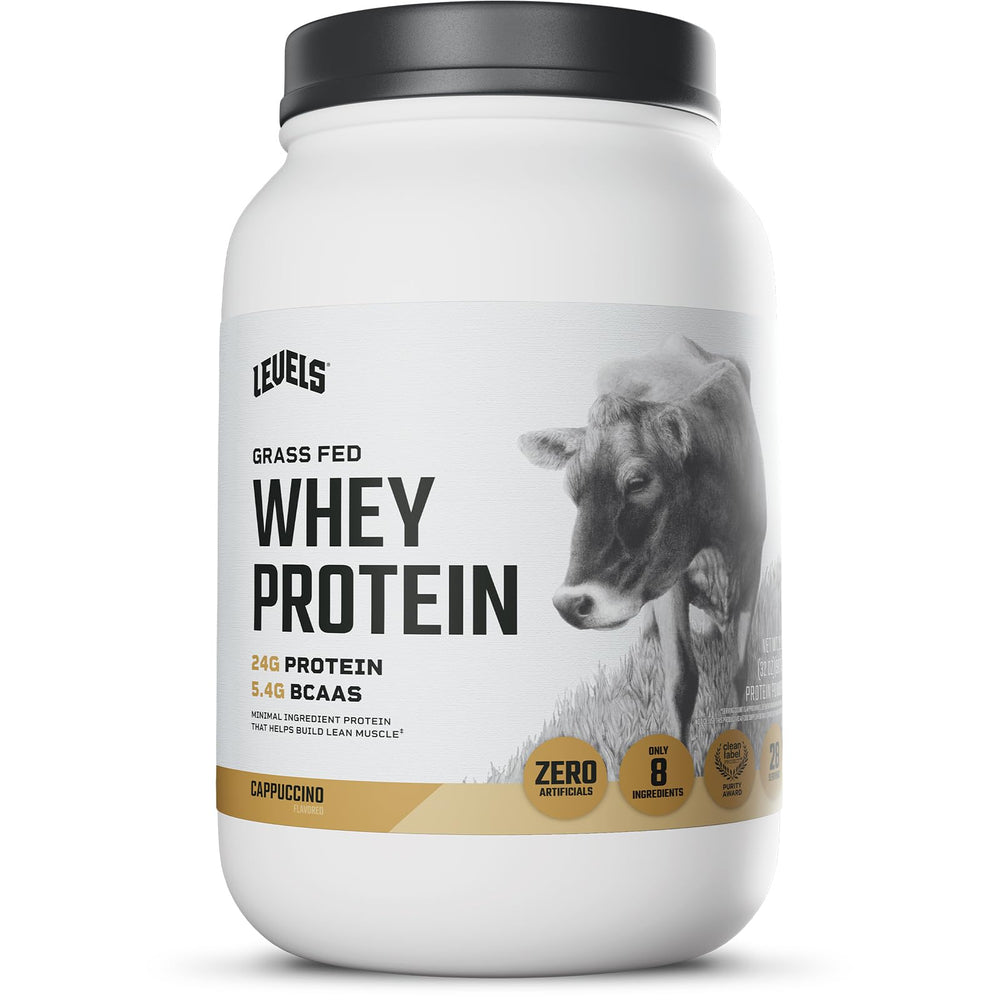 Levels Grass Fed Whey Cappuccino tub ready for post-workout shakes