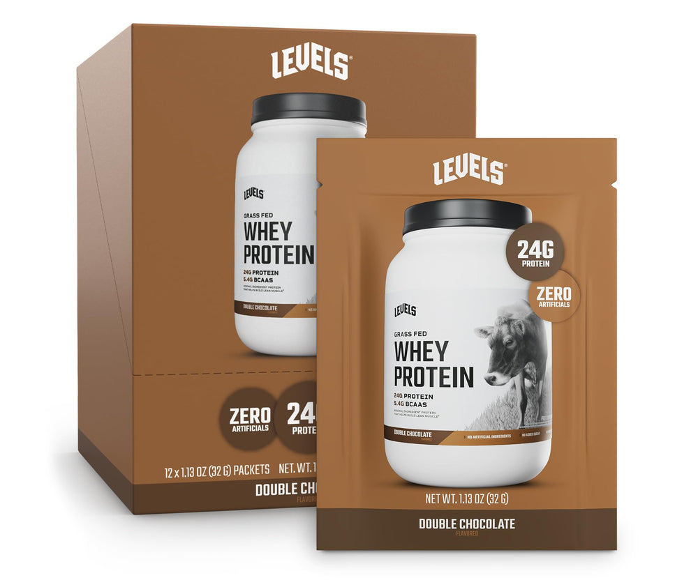 Levels Grass Fed Whey Powder tub front shows high-quality protein for active lifestyles