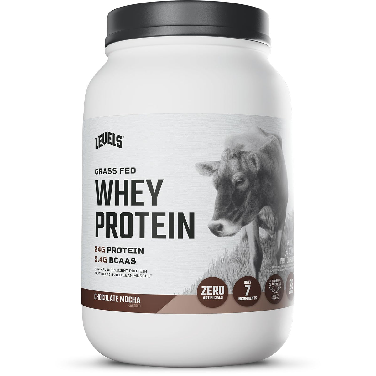 Levels Grass Fed Whey Chocolate Mocha bottle ready for a protein shake after workouts.