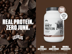 Levels Grass Fed Whey Chocolate Mocha scoop beside the jar for serving.