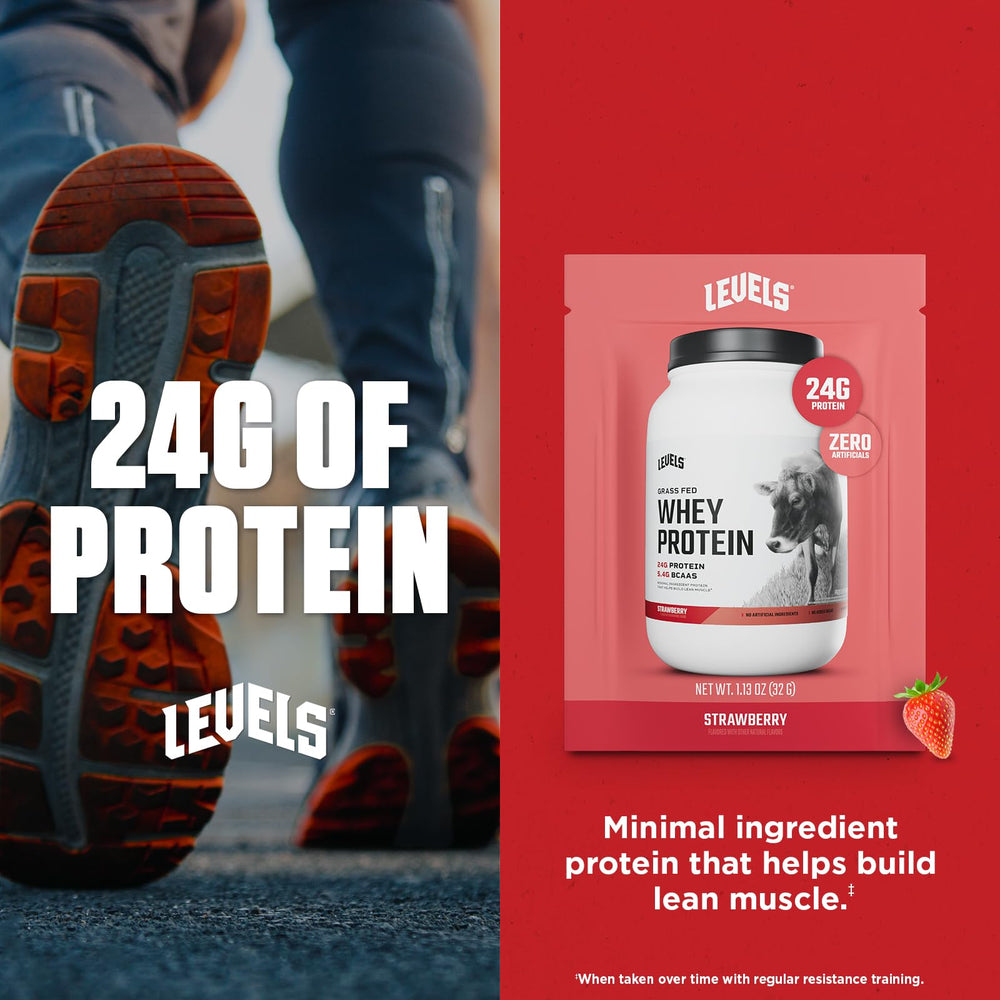 Levels Grass Fed Whey Protein shake in glass highlights a protein-rich strawberry beverage.