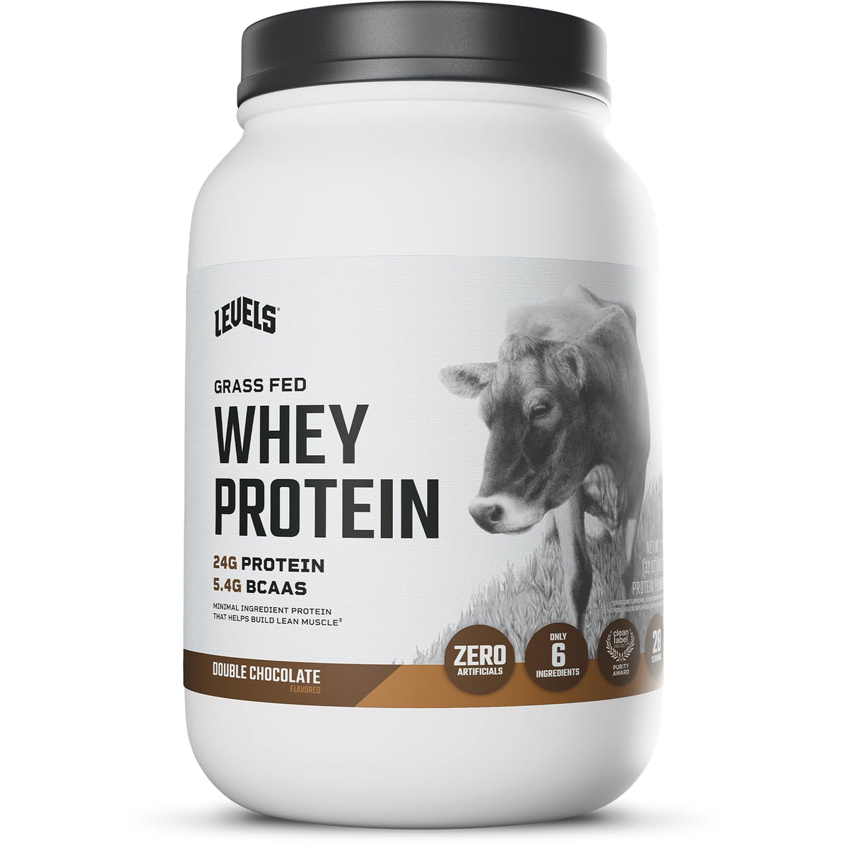 Levels grass-fed whey tub front, premium packaging for post-workout fueling.