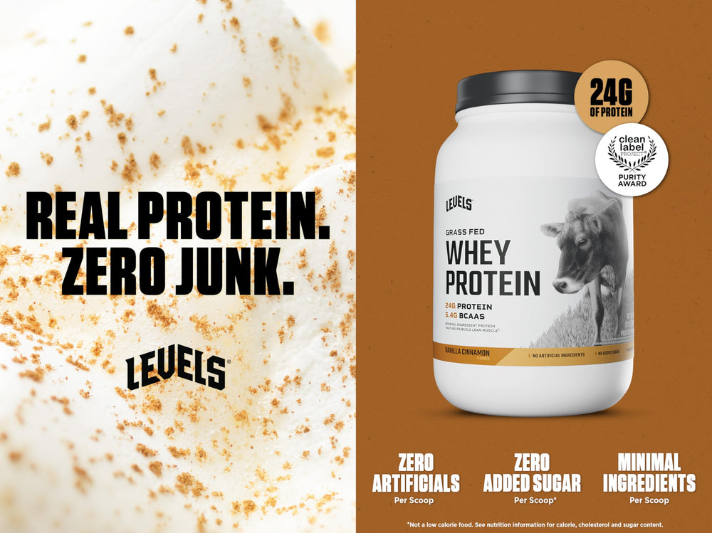 Levels Grass Fed Whey Vanilla Cinnamon scoop ready for a quick shake.