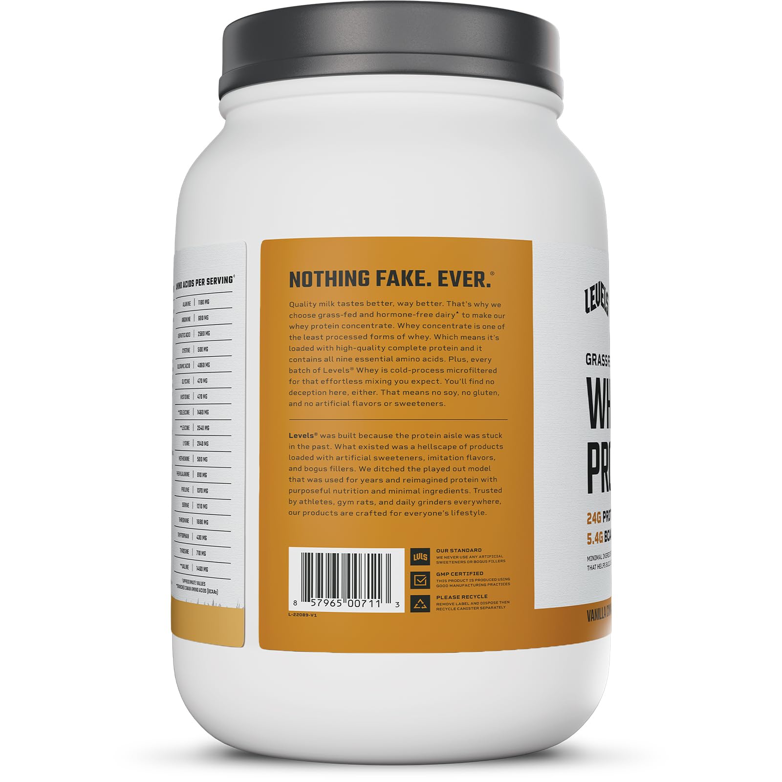 Levels Grass Fed Whey Vanilla Cinnamon powder with monk fruit sweetness.