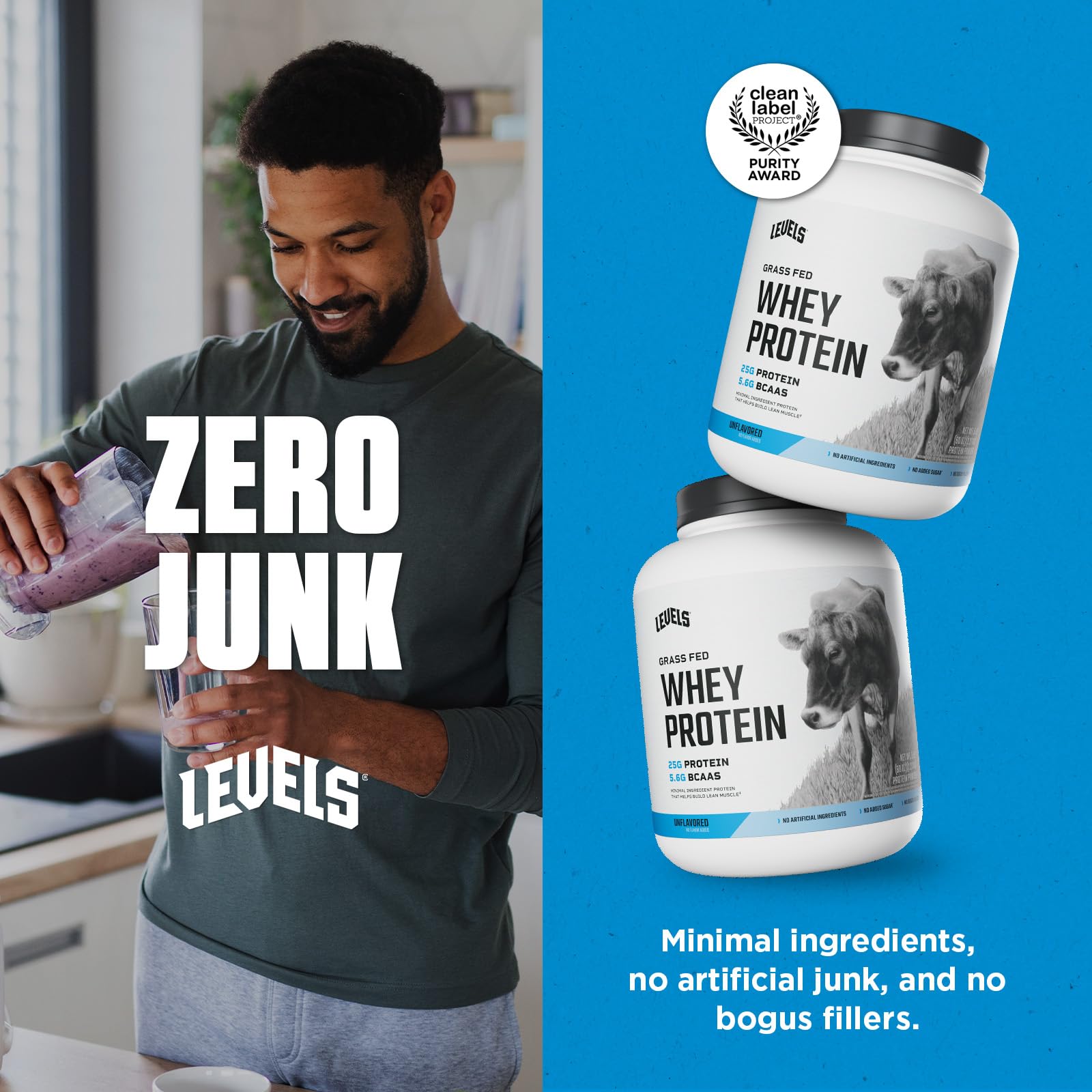 Levels no artificial additives list communicates clean, simple ingredients.