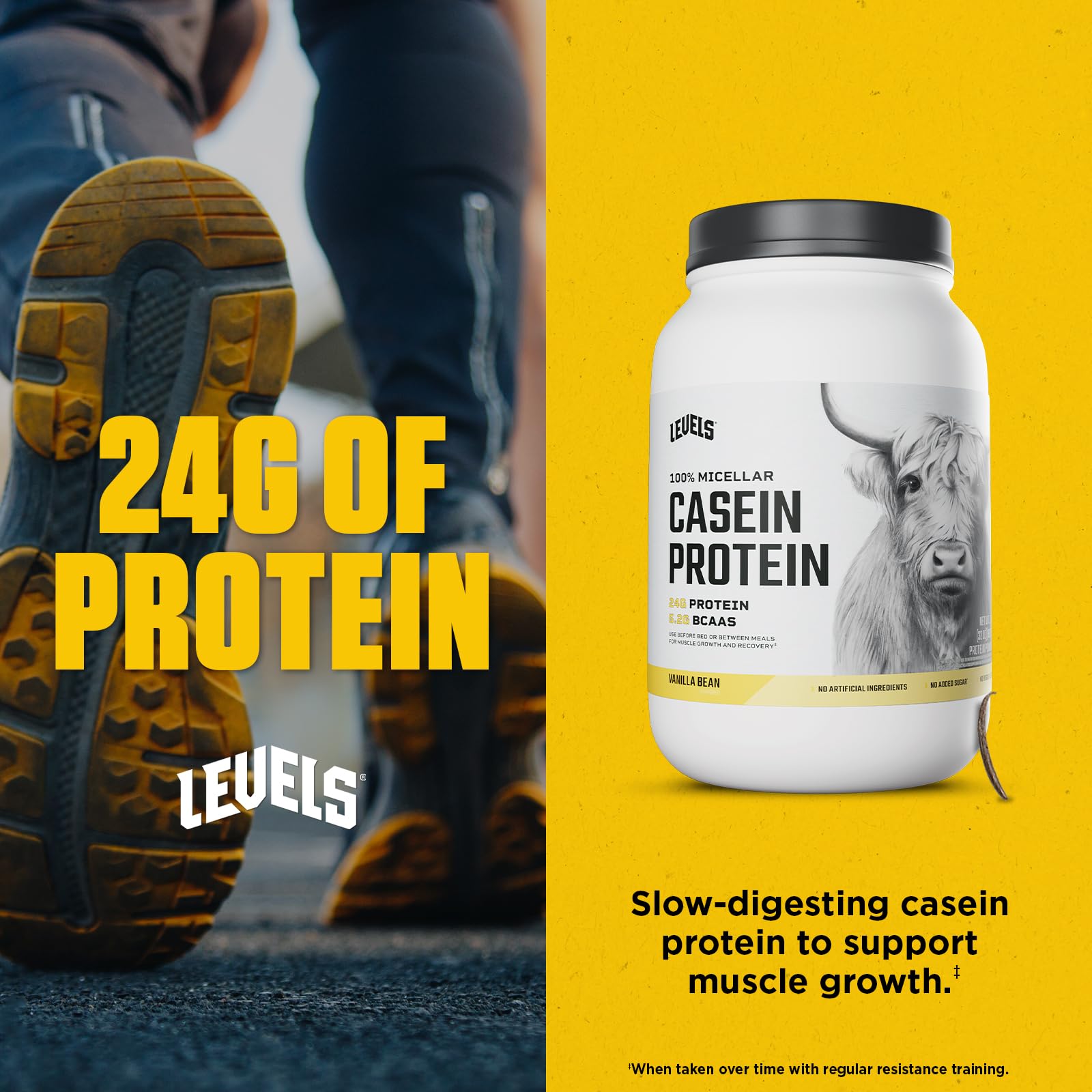 Closeup of Levels Casein label with protein details.