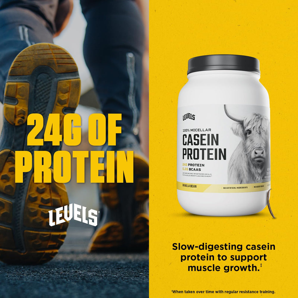 Closeup of Levels Casein label with protein details.