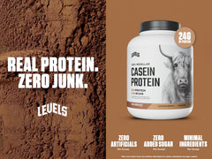 Close-up of Levels casein powder texture highlighting creamy mixability
