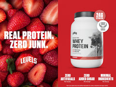 Levels Nutrition whey label close-up shows no added sugars or artificial ingredients