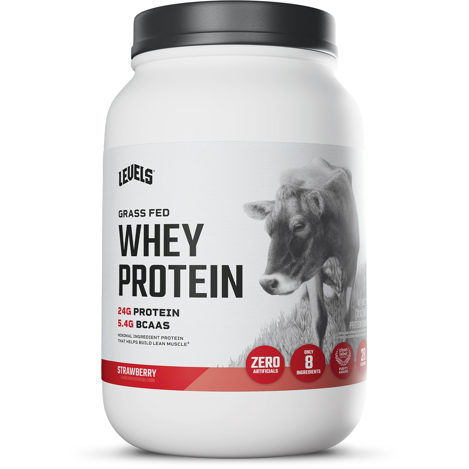 Levels Nutrition grass-fed whey protein bottle highlights clean ingredients for daily fueling