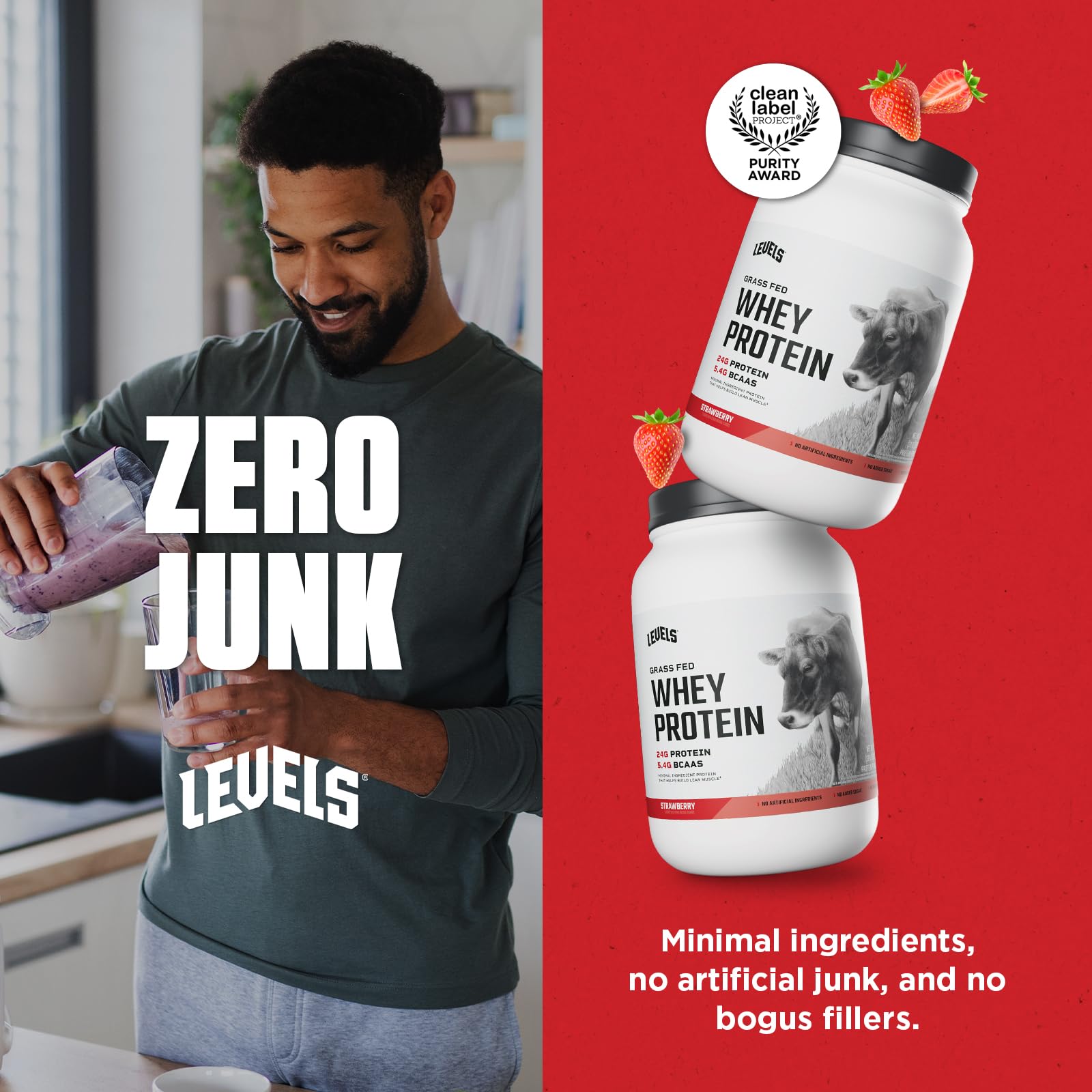 Levels Nutrition grass-fed whey near measuring scoop for precise fueling