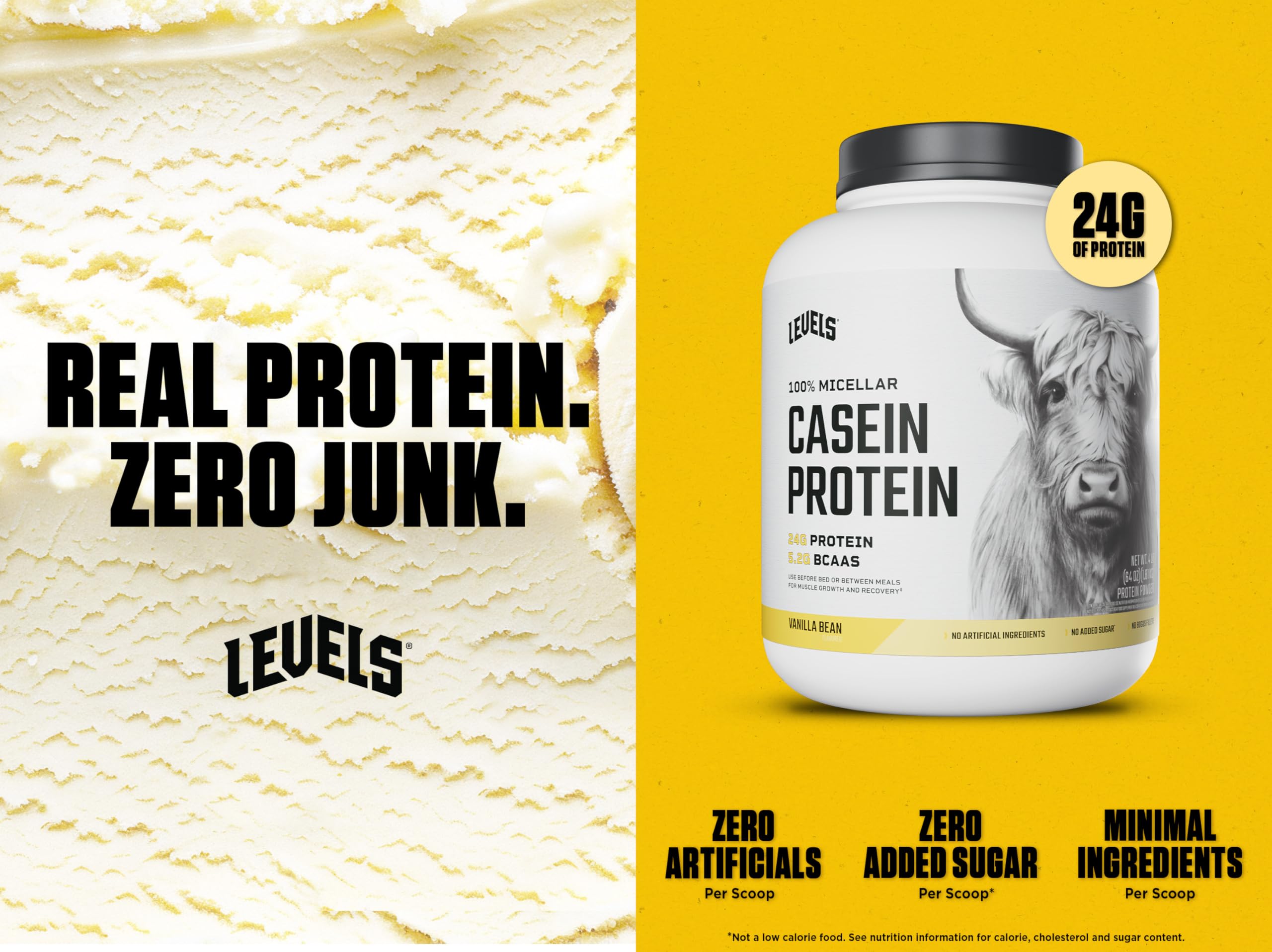 Levels Micellar Casein powder pour showing slow-release protein for overnight recovery.