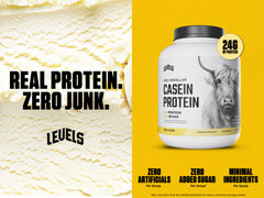 Levels Micellar Casein powder pour showing slow-release protein for overnight recovery.