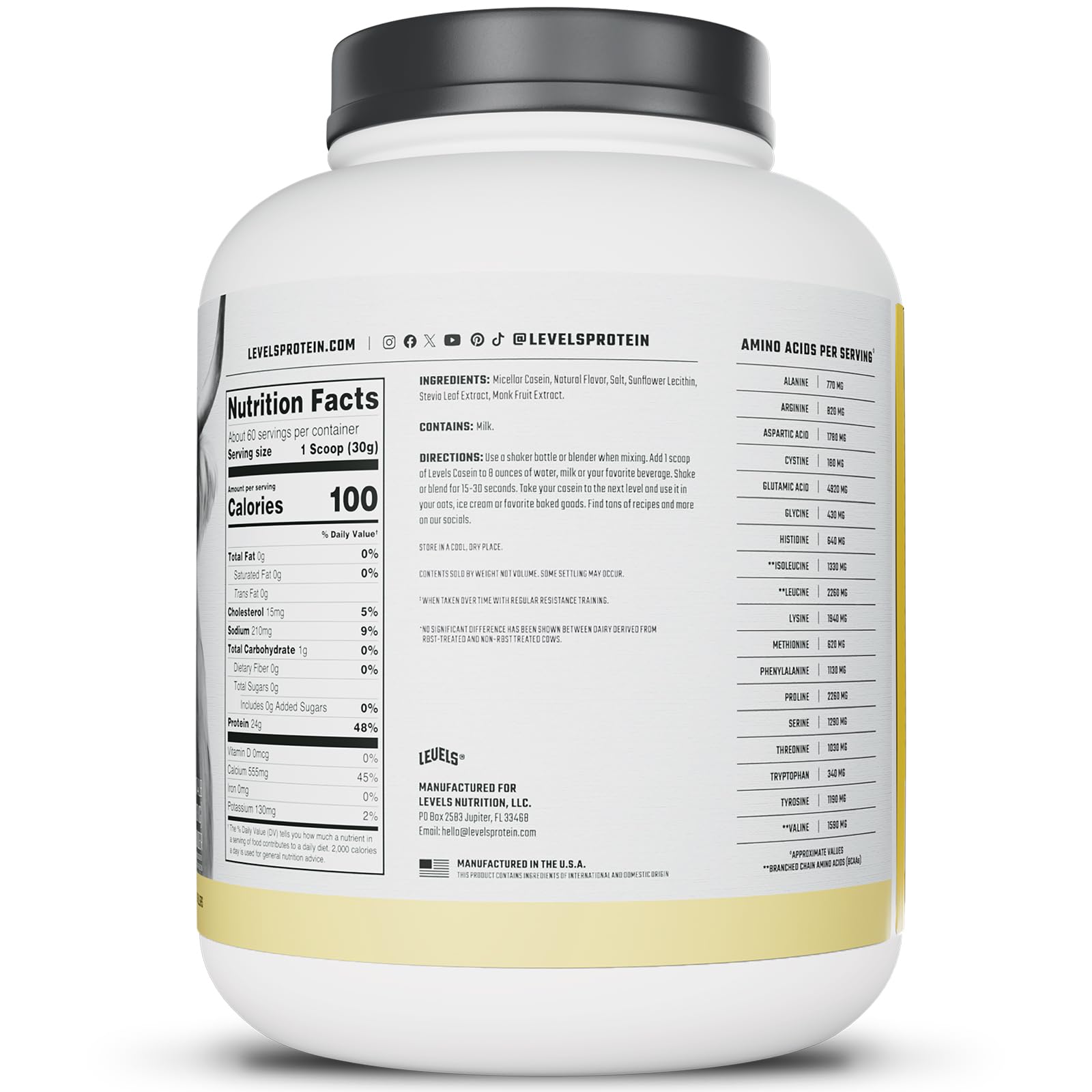 Levels Casein bottle with nutrition facts showing 24g protein per scoop.