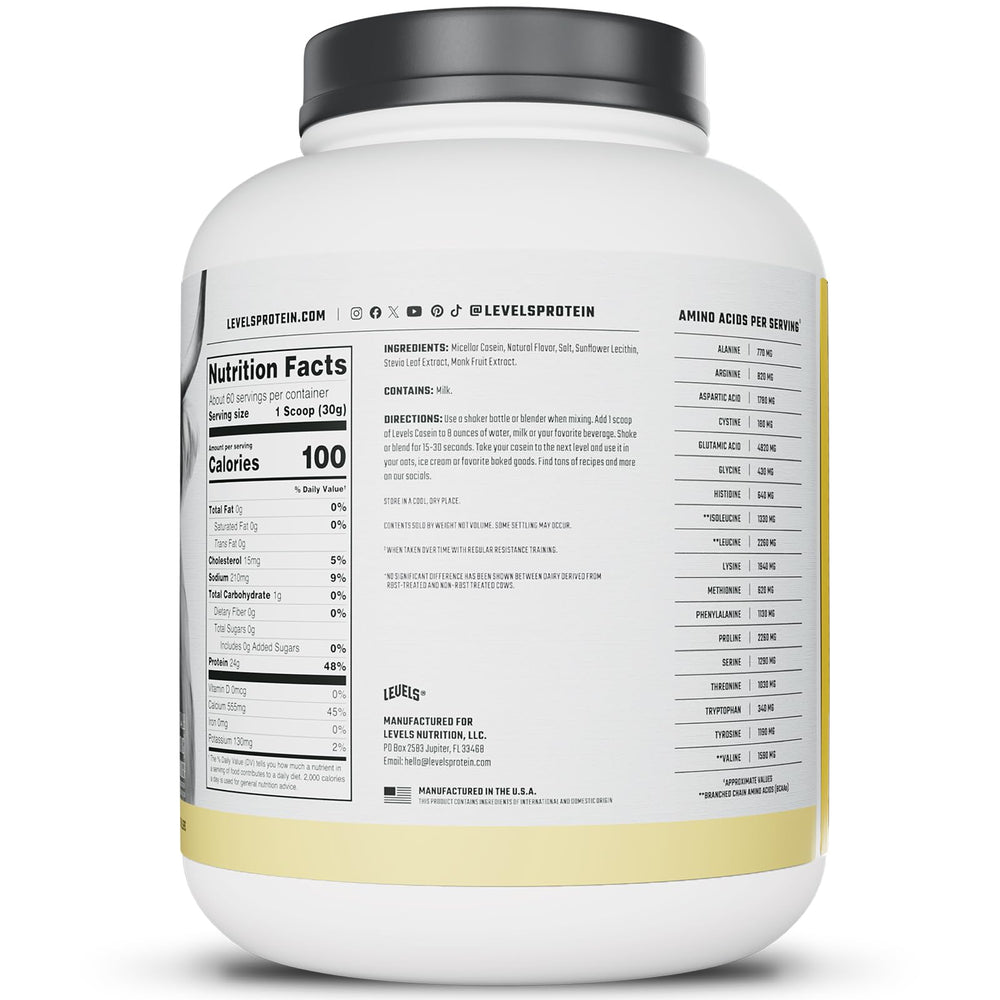 Levels Casein bottle with nutrition facts showing 24g protein per scoop.