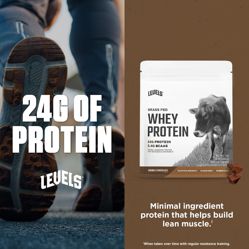 Levels Nutrition whey powder closeup reveals rich cacao and clean ingredients