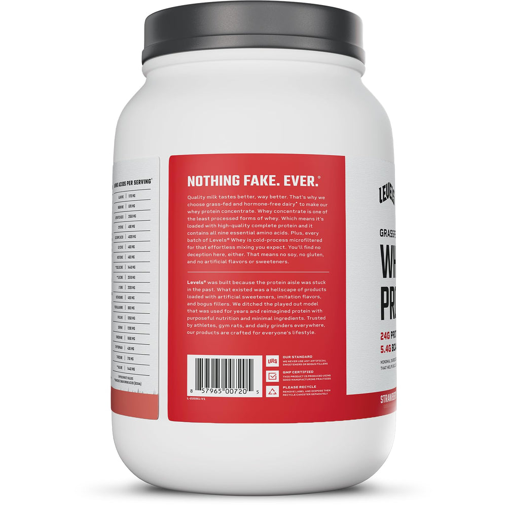 Levels Nutrition strawberry whey bottle on kitchen counter ready for use