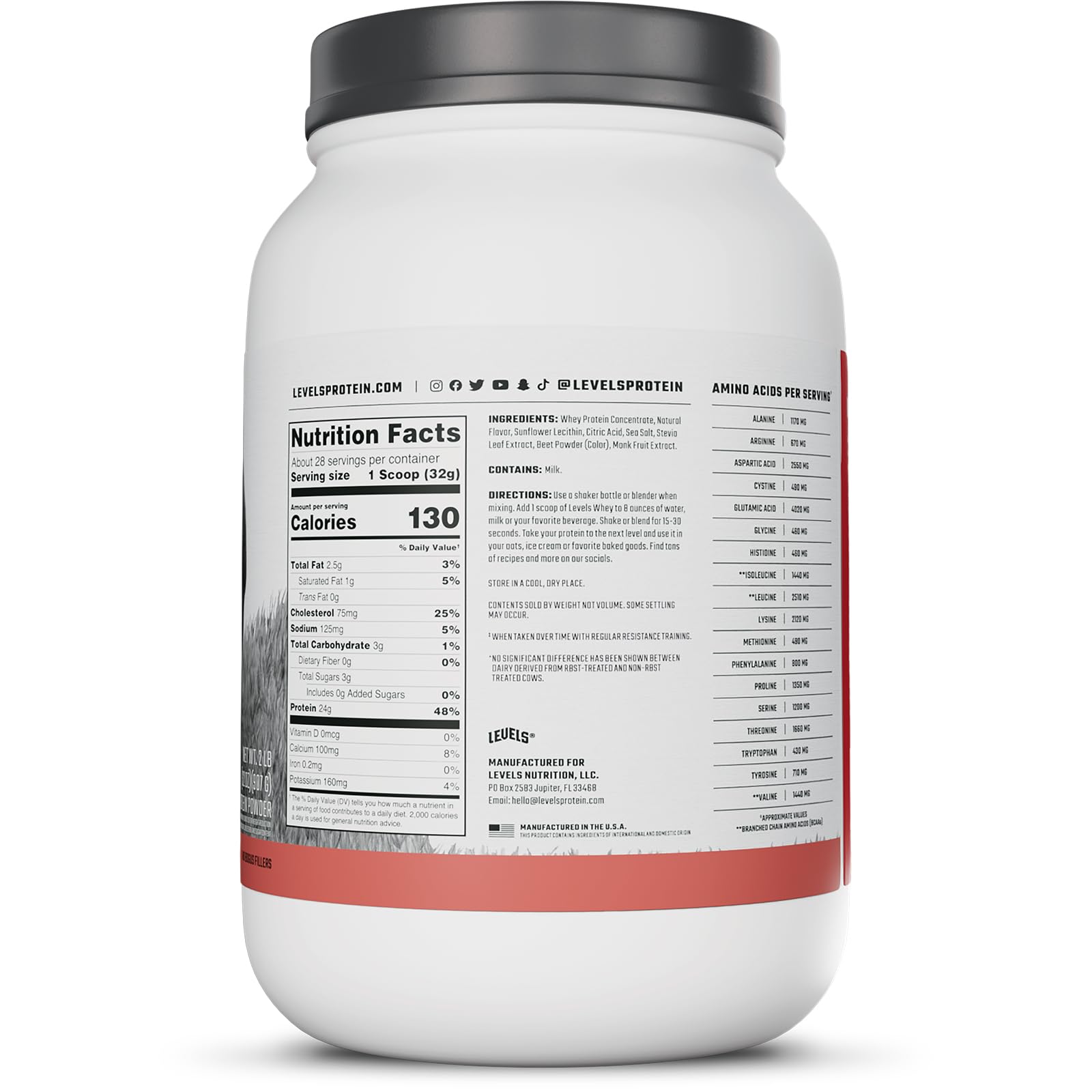Levels Nutrition whey protein close-up of non-GMO ingredients and clean label
