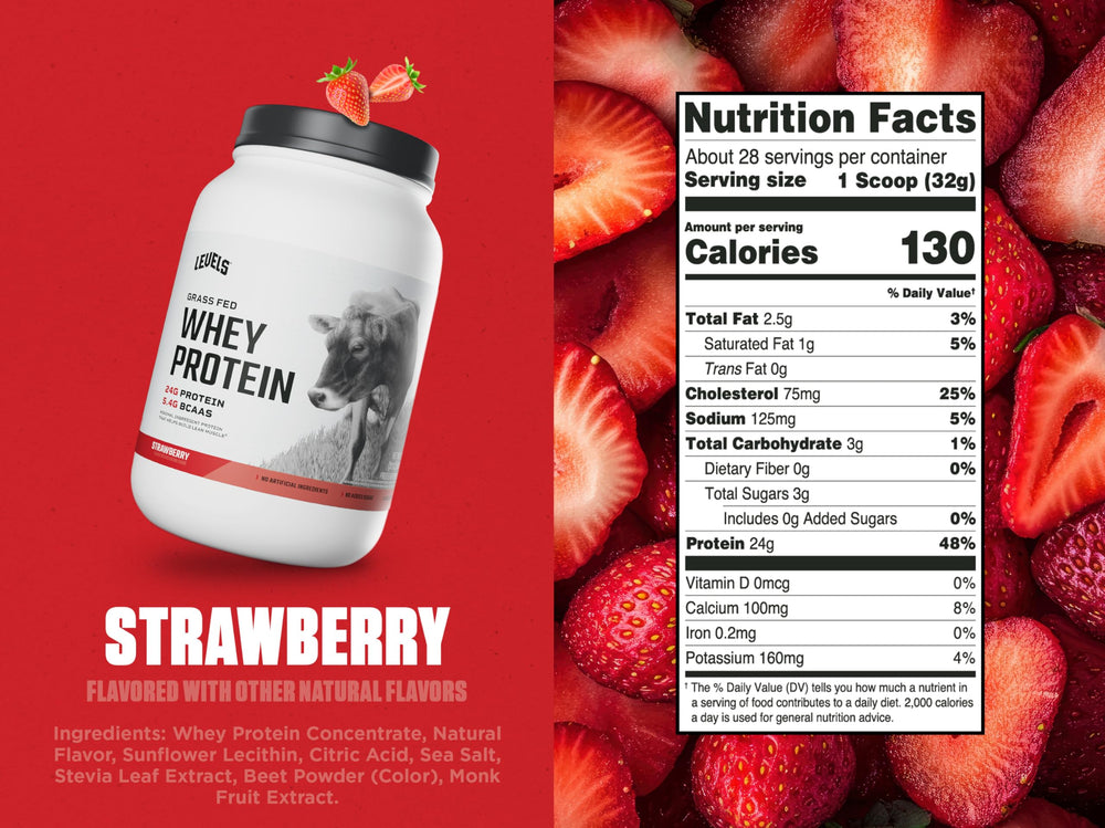Levels Nutrition strawberry-flavored whey scoop emphasizes tasty, natural flavor