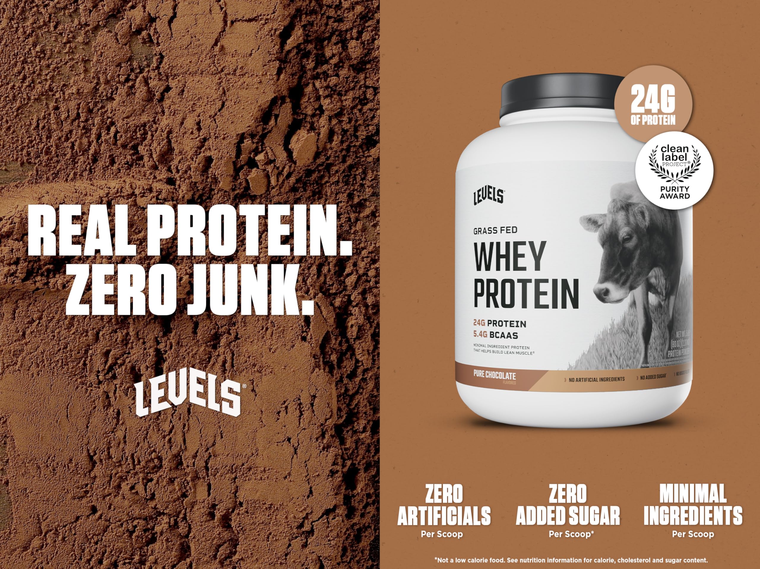 Levels Pure Chocolate Whey scoop for quick, convenient shakes.