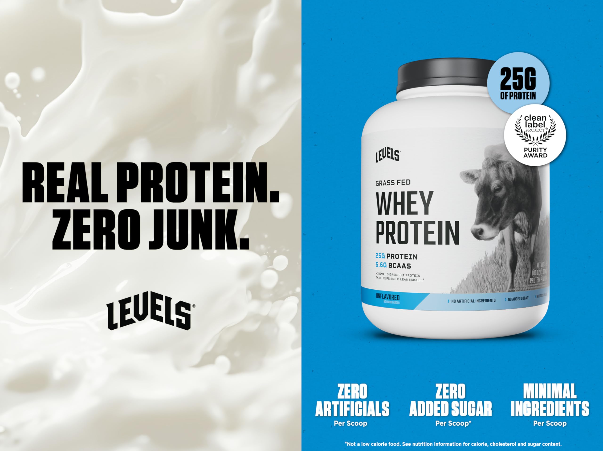 Levels unflavored whey protein tub shows pure powder with no artificial flavors.