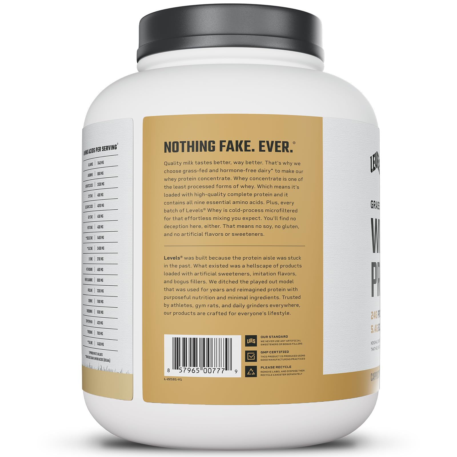 USA-made Levels whey packaging indicating cold-process microfiltration.