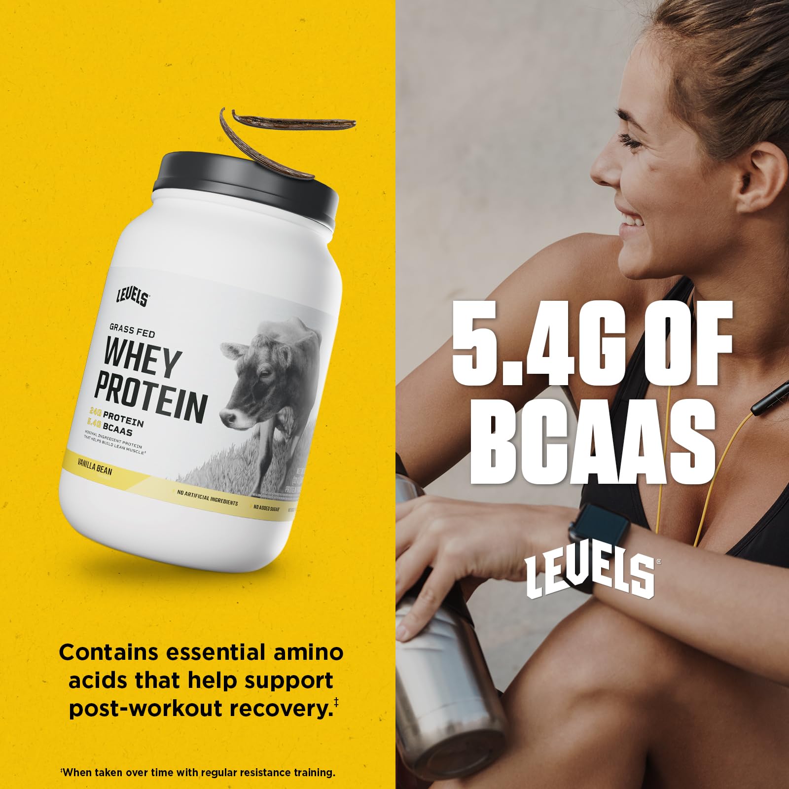 Levels Whey BCAAs 24g per scoop label indicating amino acid support