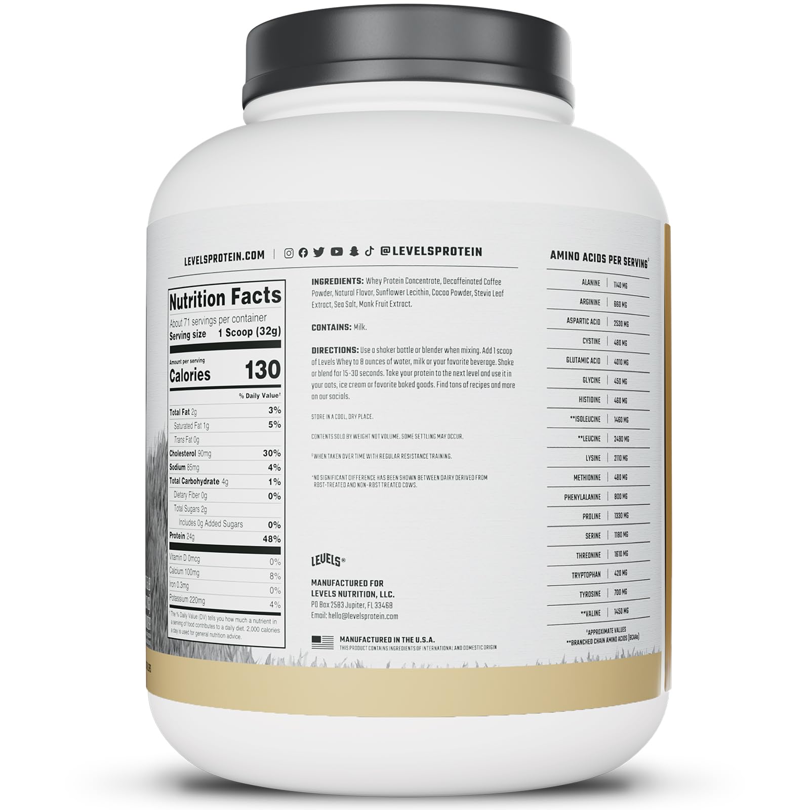 Close-up of cappuccino foam with Levels whey for a creamy finish.