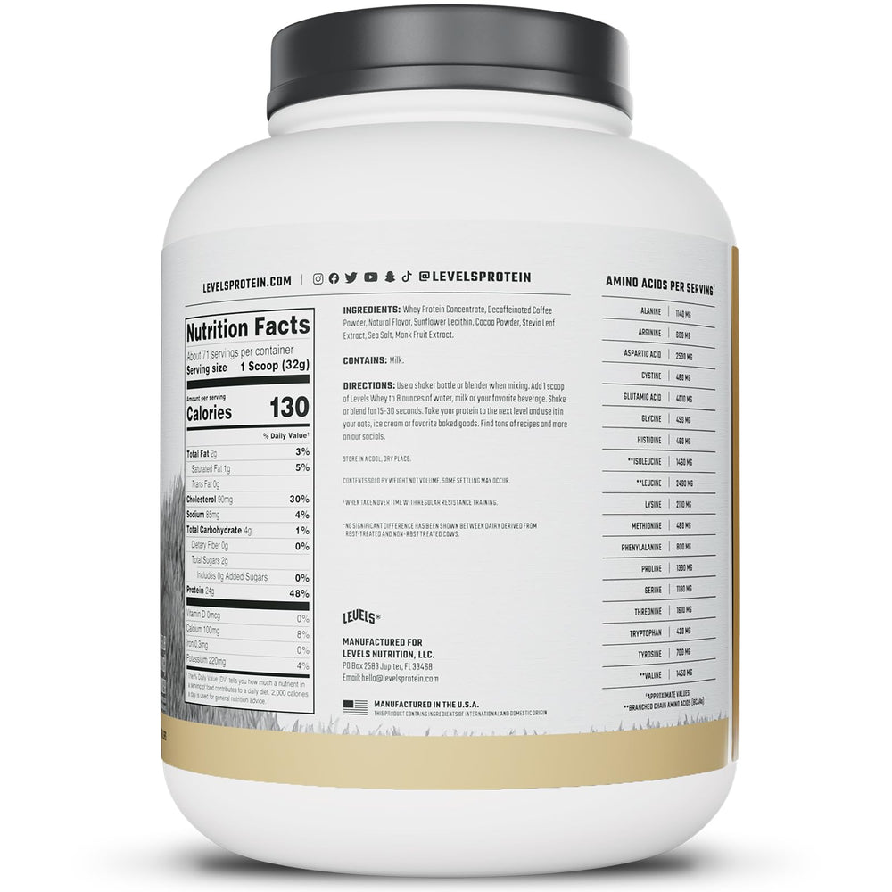 Close-up of cappuccino foam with Levels whey for a creamy finish.