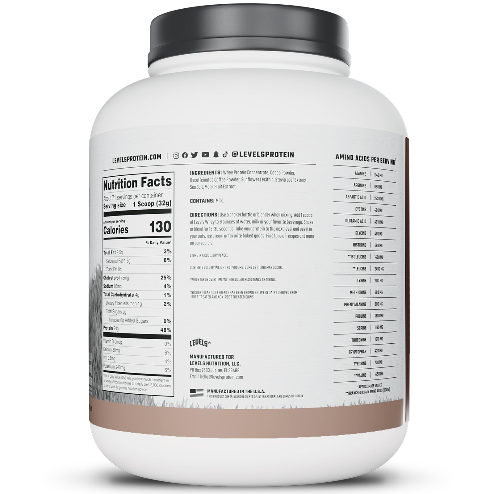 Levels Whey cold process microfiltered image underscores premium processing