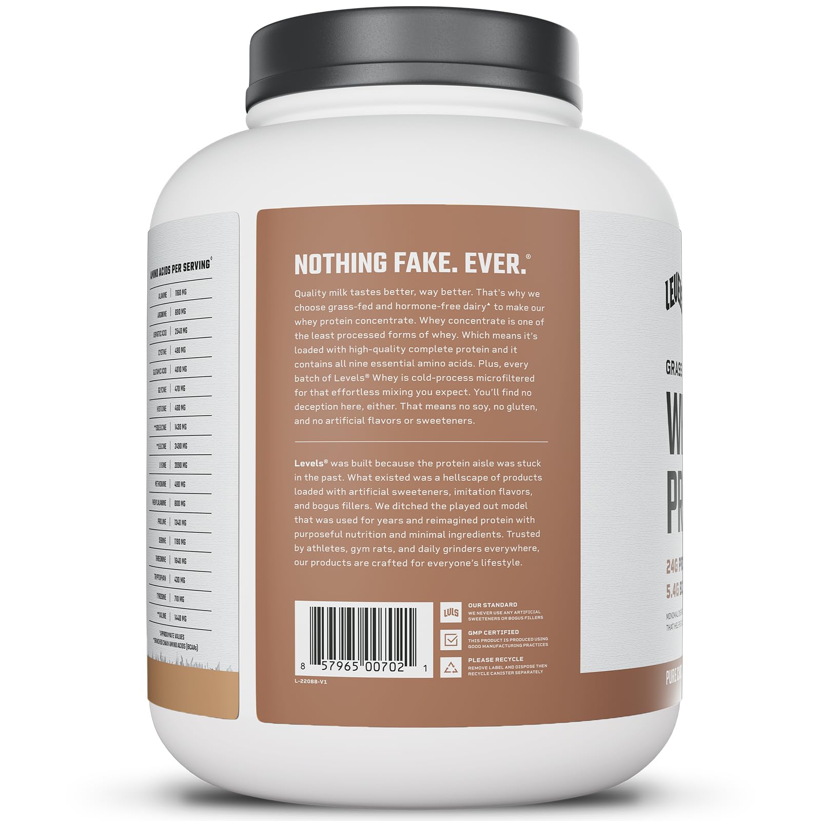 Levels Whey Concentrate bottle closeup showcasing minimal processing.