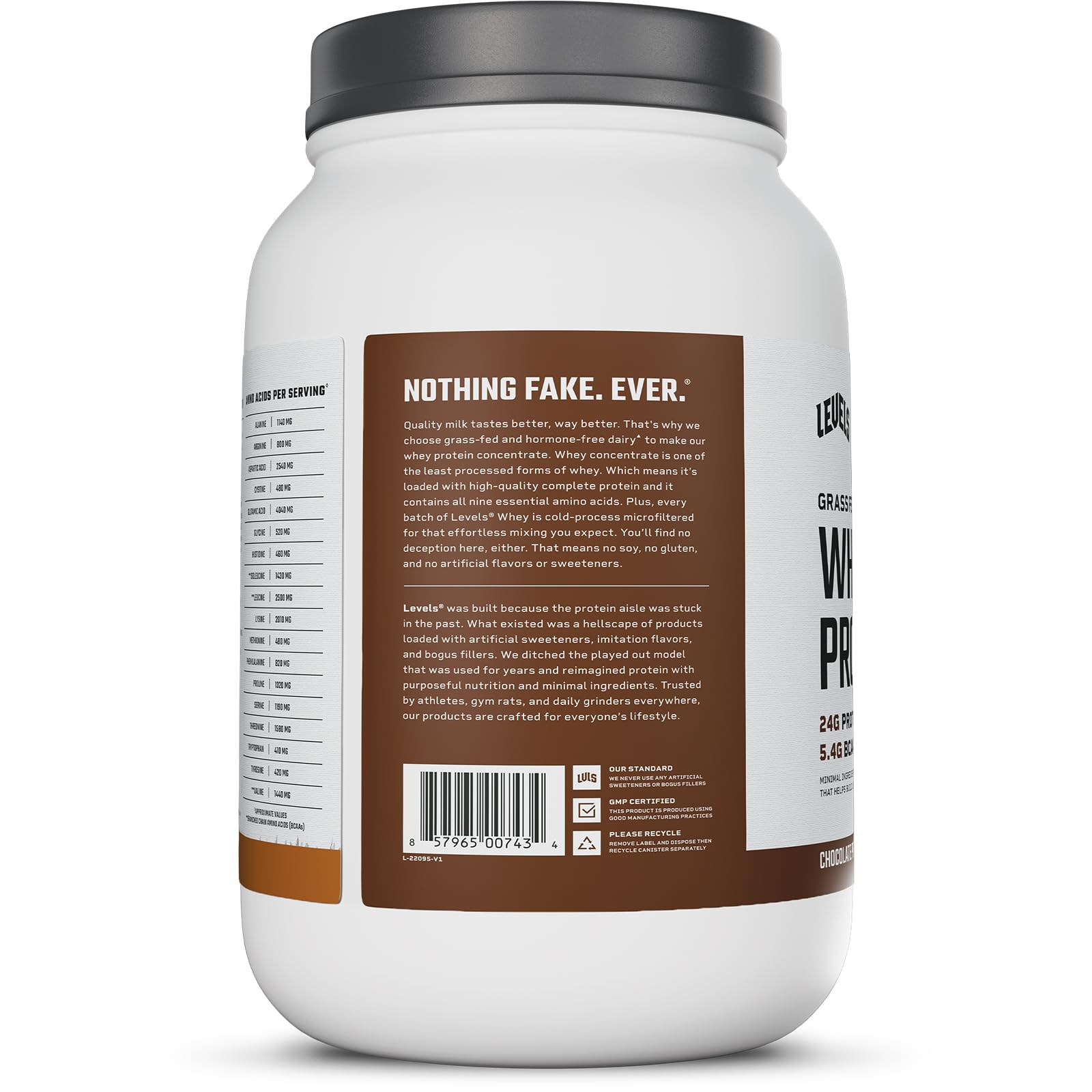 Measuring scoop of Levels Whey beside a glass of protein shake.