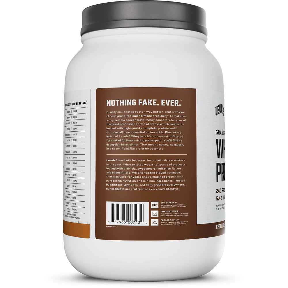 Measuring scoop of Levels Whey beside a glass of protein shake.