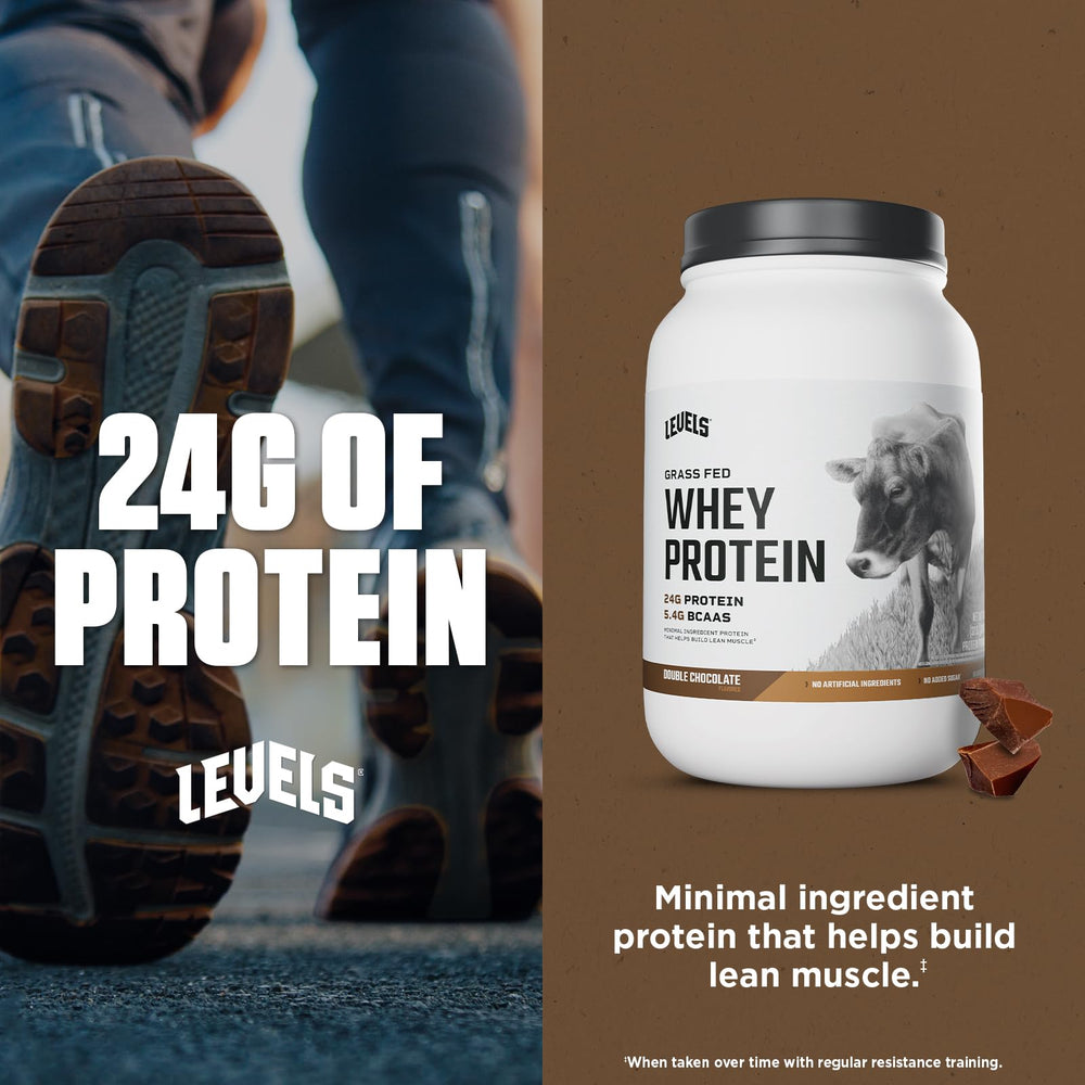 Levels whey double chocolate flavor shake ready, rich taste for a protein drink.