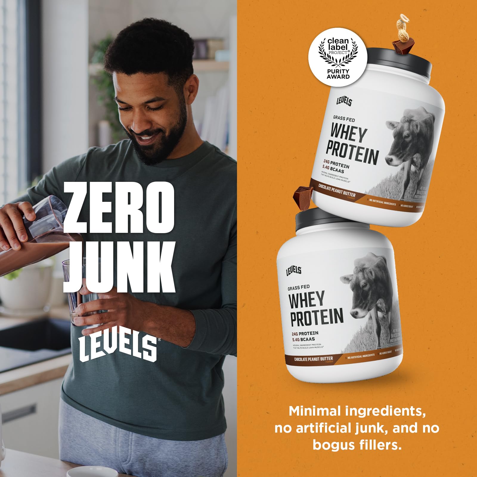 Levels glass with milk illustrating rich texture and protein boost.