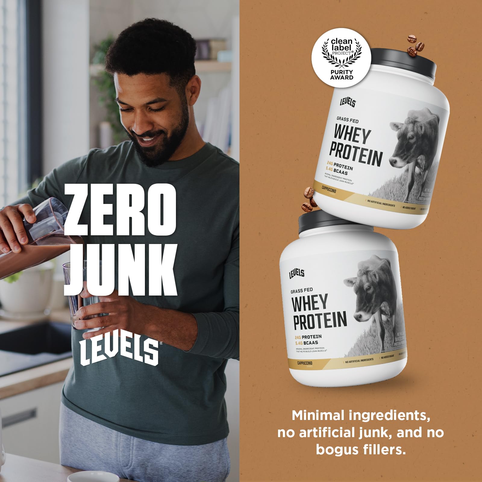 Ingredients list on Levels Whey emphasizing no artificial flavors or added sugars.
