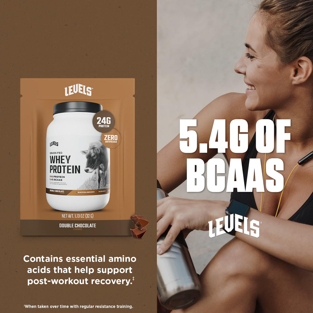 Levels whey ingredients panel close-up shows cacao and monk fruit for natural flavor