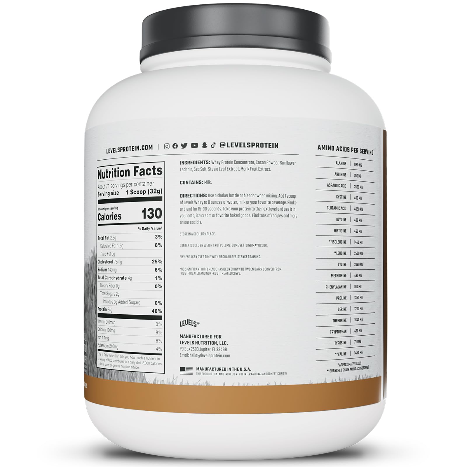 Levels whey ingredients panel highlights simple, non-artificial composition.