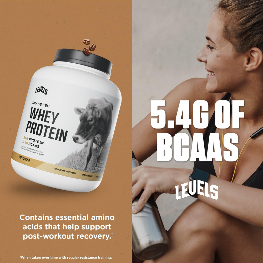 Close-up of Levels whey label highlighting grass-fed dairy and clean ingredients.