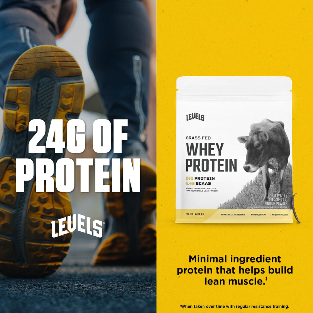 Levels whey microfiltered process label highlighting high quality protein and easy mixing.