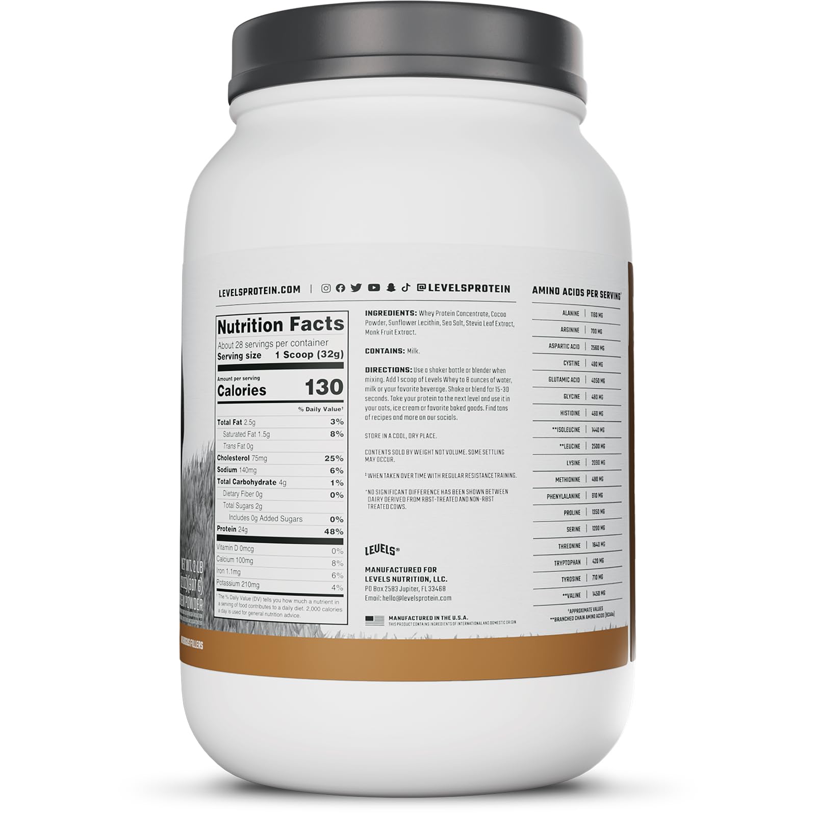 Levels whey mixed shake glass, creamy texture ideal for post-workout recovery.