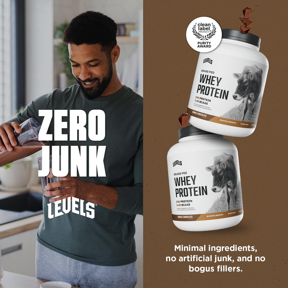 Levels whey mixed shake glass reveals creamy cocoa drink.