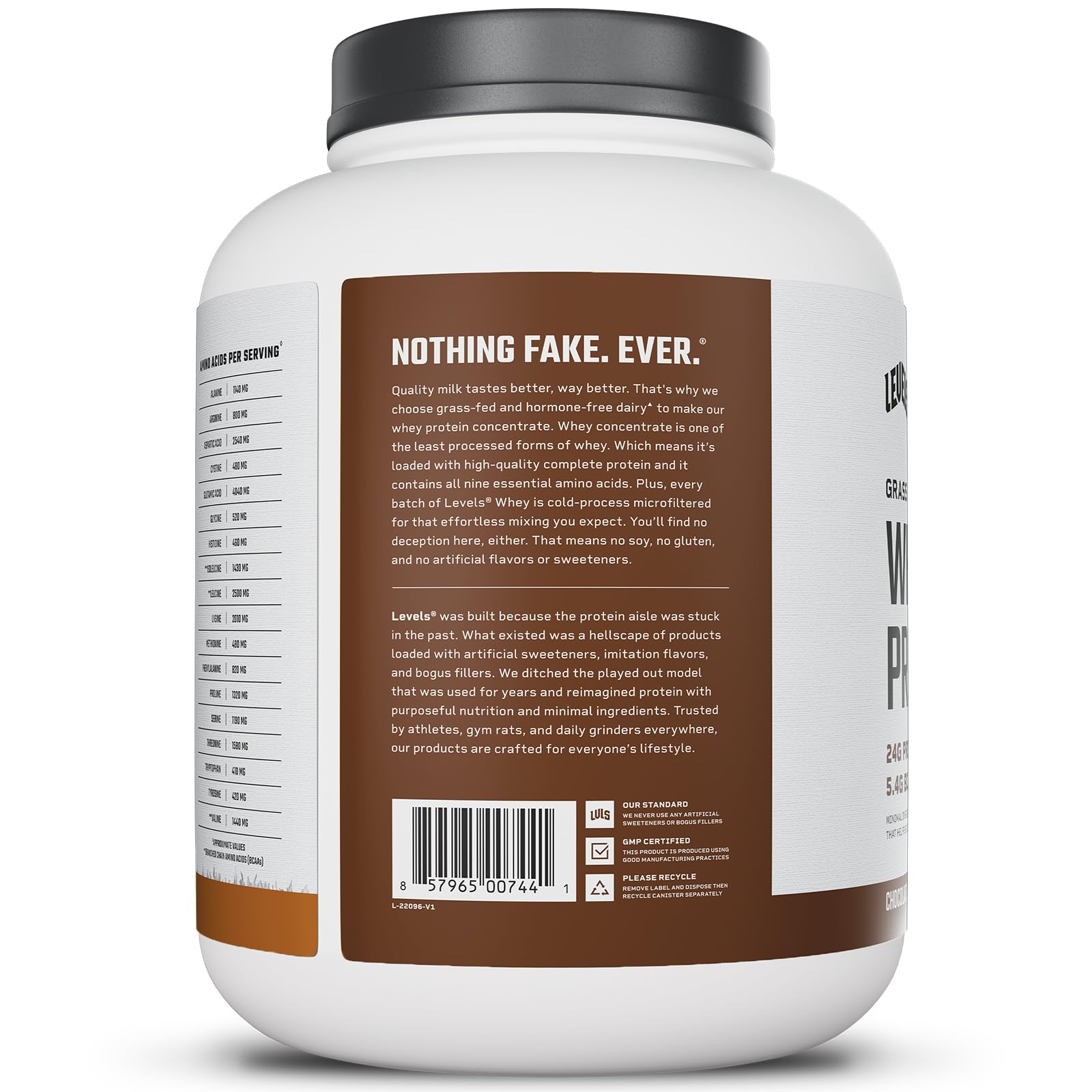 Levels no artificials badge signaling a clean protein option.