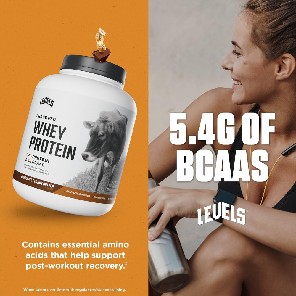 Levels Whey powder with pour spout for convenient serving and no added sugars.