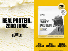Levels Nutrition whey protein scoop showing 24g protein per serving for quick fueling.