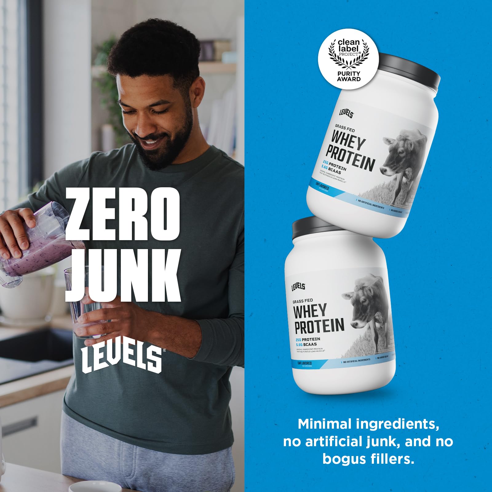 Levels whey protein ingredients clean emphasizes no artificial additives.