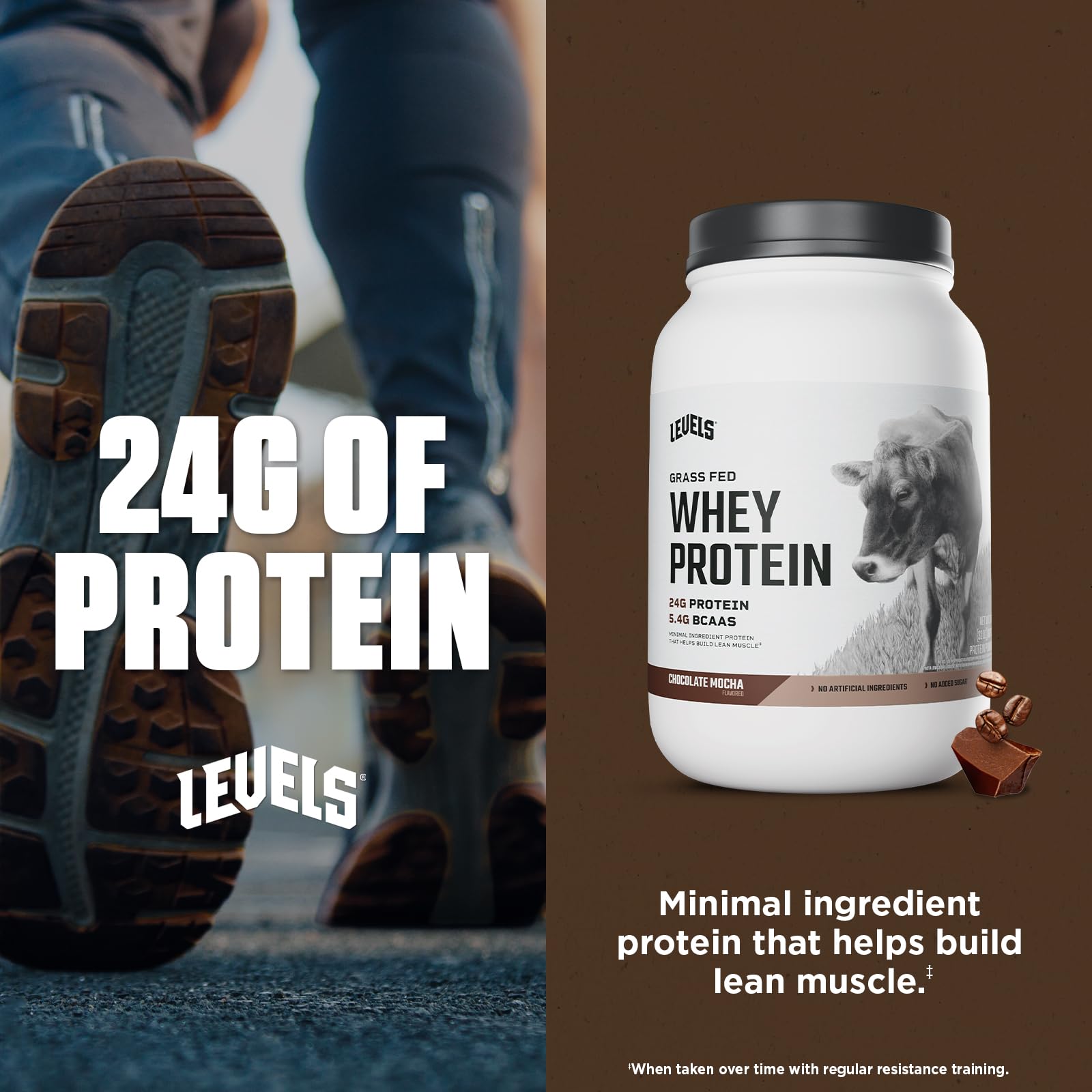 Levels Whey no artificials label indicating a natural protein option.